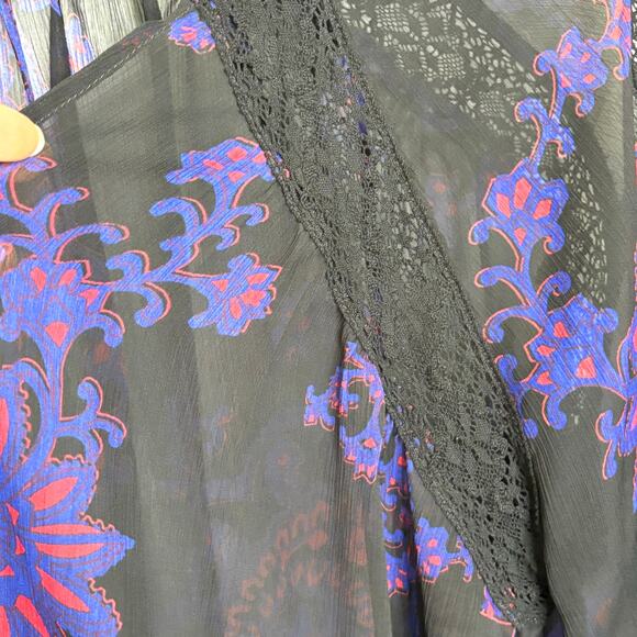 Express Wms M Bell Sleeve Sheer Floral Open Front Kimono Shawl Lace Trim Boho - Picture 7 of 10